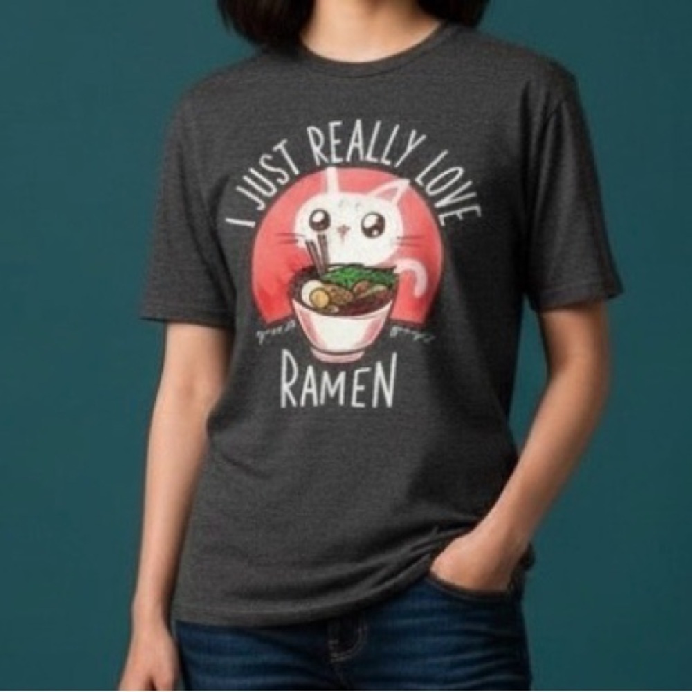 Gray T-Shirt with Cat and Ramen Graphic Unisex Size Medium